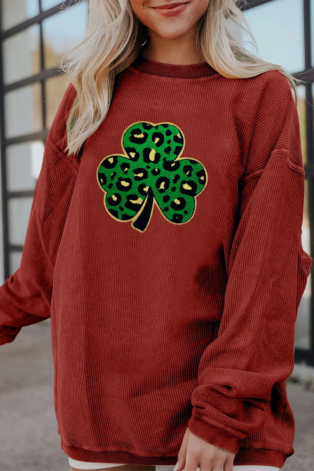 Saint Patrick’s Day Leopard Shamrock Corded Sweatshirt