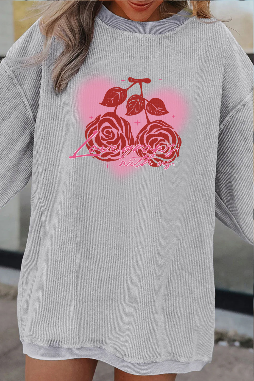 Valentine Rose Heart Corduroy Ribbed Oversized Sweatshirt