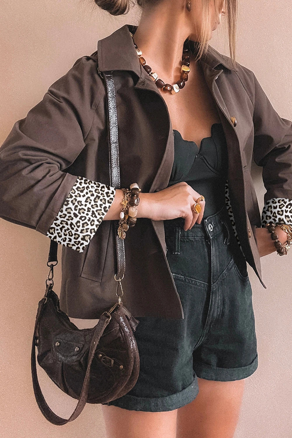 Dark Brown Collared Buttoned Leopard Liner Patchwork Chic Jacket