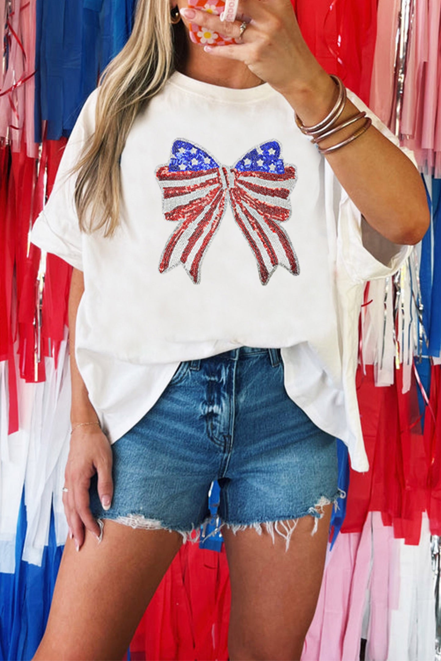 Sequin Cotton Graphic Tee Patriotic Bow Boutique Top