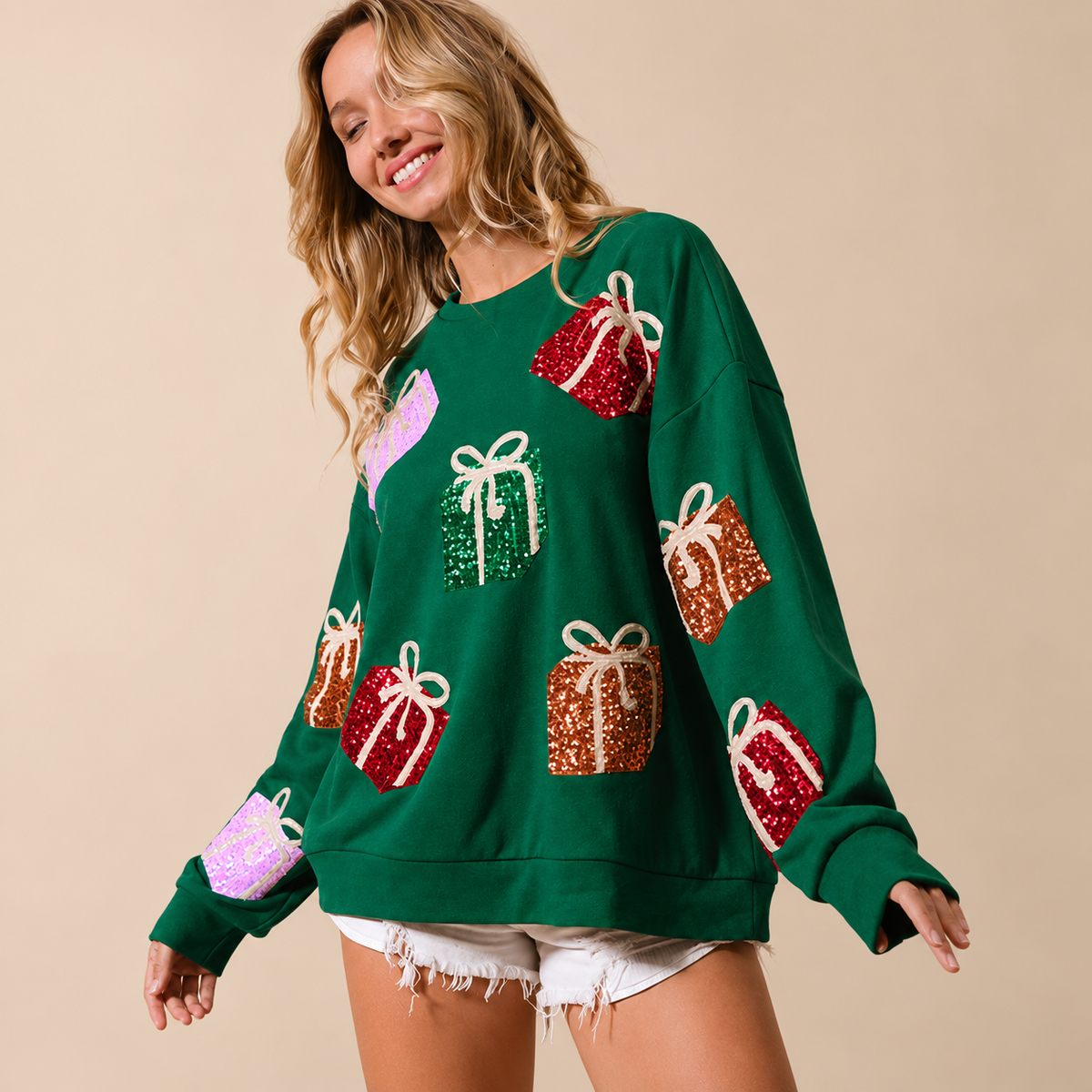 Women's Sequin Christmas Gift Crewneck Sweatshirt