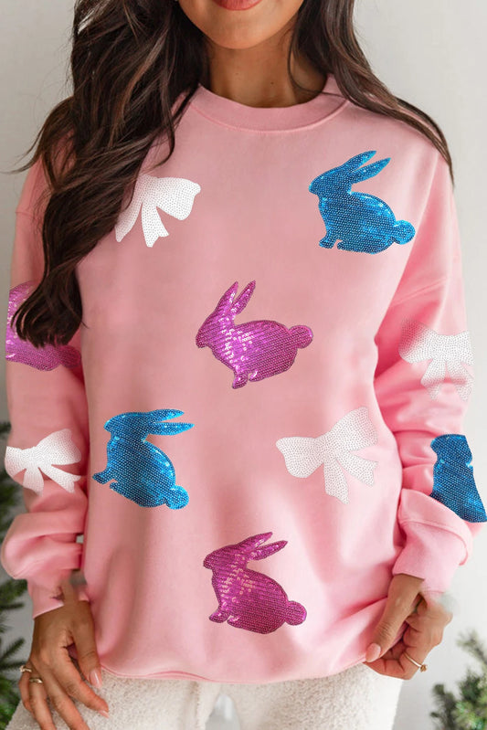 Pink Easter Bunny Bow Knot Sequined Crewneck Graphic Sweatshirt