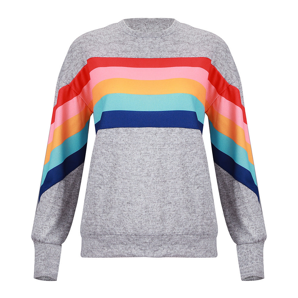 Women’s Rainbow Stripe Crewneck Pullover Casual Long Sleeve Top