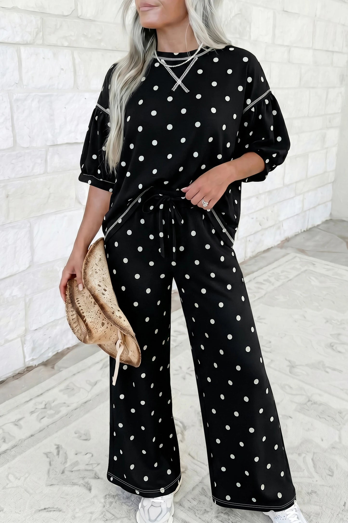 Beige Polka Dot Half Sleeve Loose Top Elastic Waist Casual Pants Set