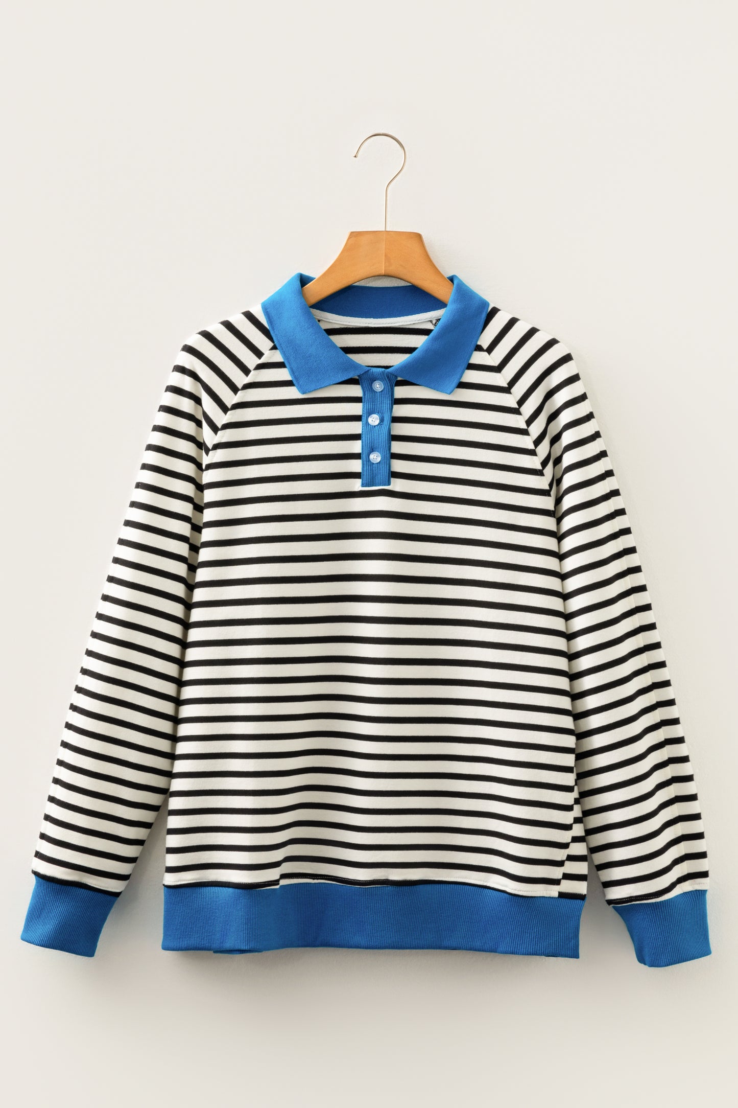 Black Stripe Color Block Patchwork Button Polo Collar Side Slit Sweatshirt