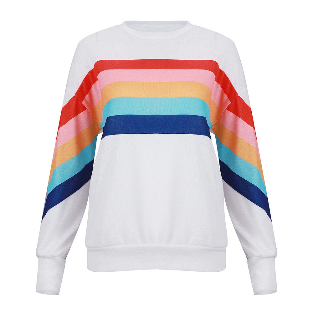 Women’s Rainbow Stripe Crewneck Pullover Casual Long Sleeve Top