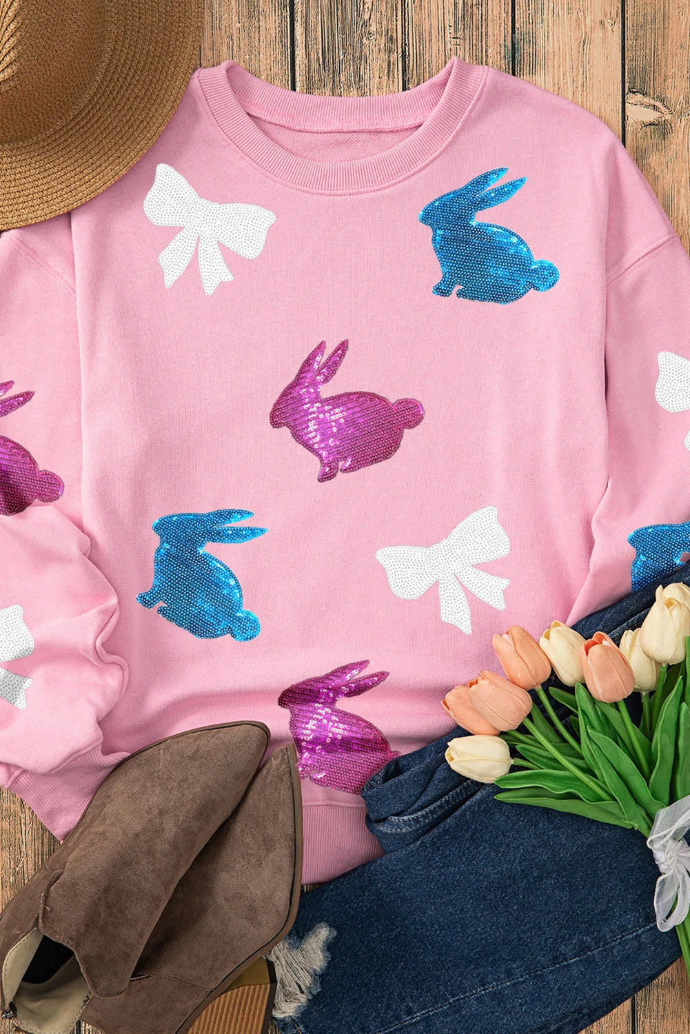 Pink Easter Bunny Bow Knot Sequined Crewneck Graphic Sweatshirt