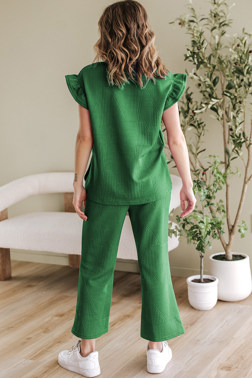 Ruffled Sleeve Summer Top and Cropped Loose Pants Set