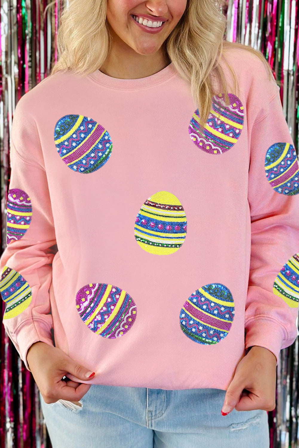 Pink Sequined Bunny Egg Easter Day Pullover Sweatshirt