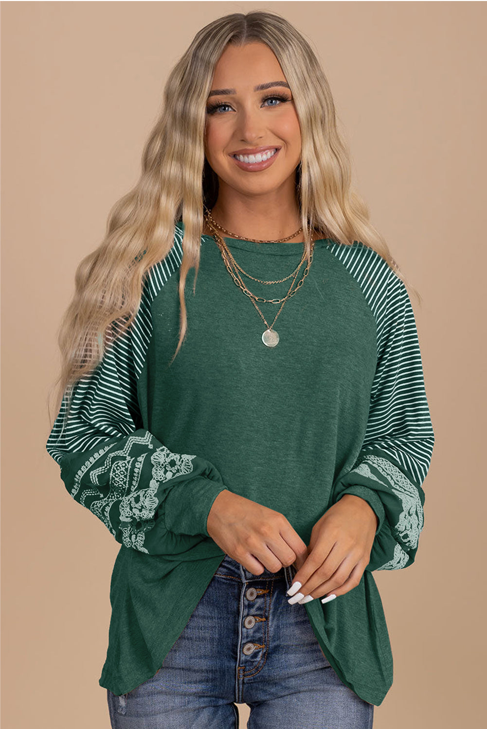 Tillandsia Purple Contrast Print Striped Raglan Long Sleeve Loose Top