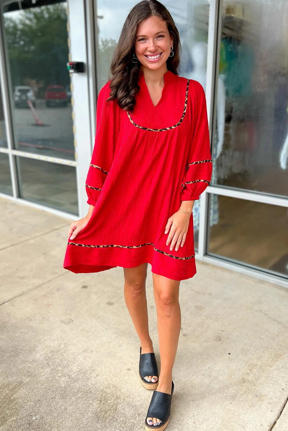 Fiery Red Textured V Neck Leopard Contrasted Trim Long Sleeve Shift Mini Dress