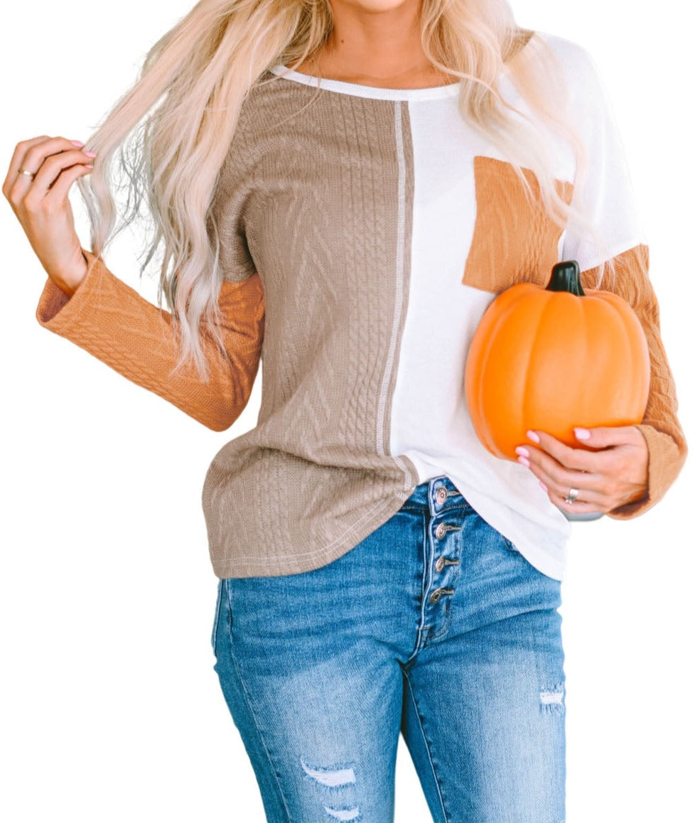 Orange Long Sleeve Colorblock Chest Pocket Textured Knit Top