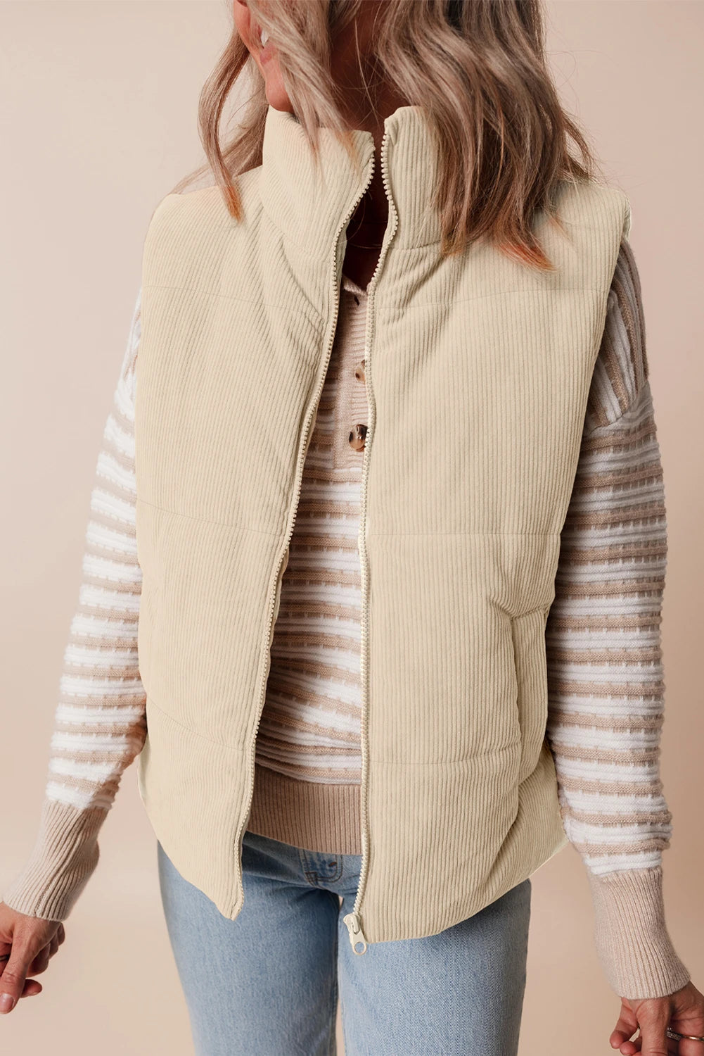 Coffee Corduroy Stand Neck Zipped Puffer Vest