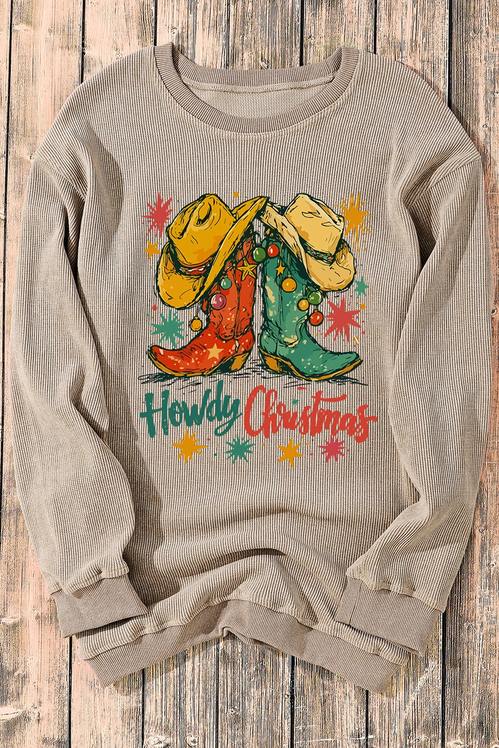 Khaki Howdy Christmas Cowboy Boots Graphic Corded Sweatshirt
