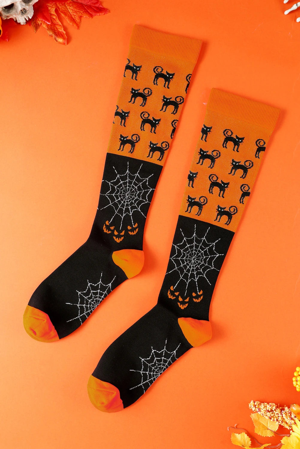 Orange Horrifying Cat Spider Web Color Block Halloween Knit Compression Socks