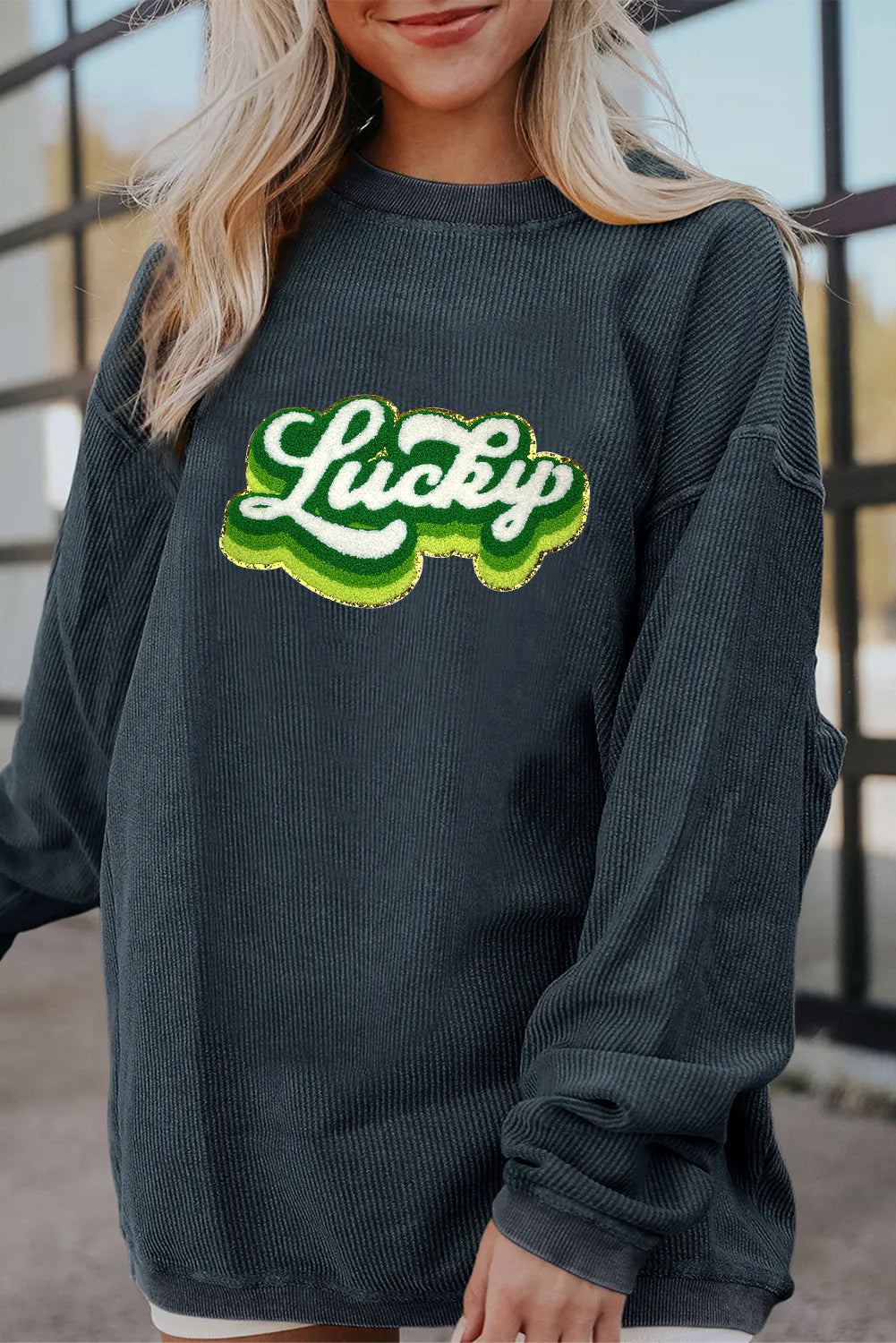 Saint Patrick’s Day Lucky Chenille Graphic Corded Sweatshirt