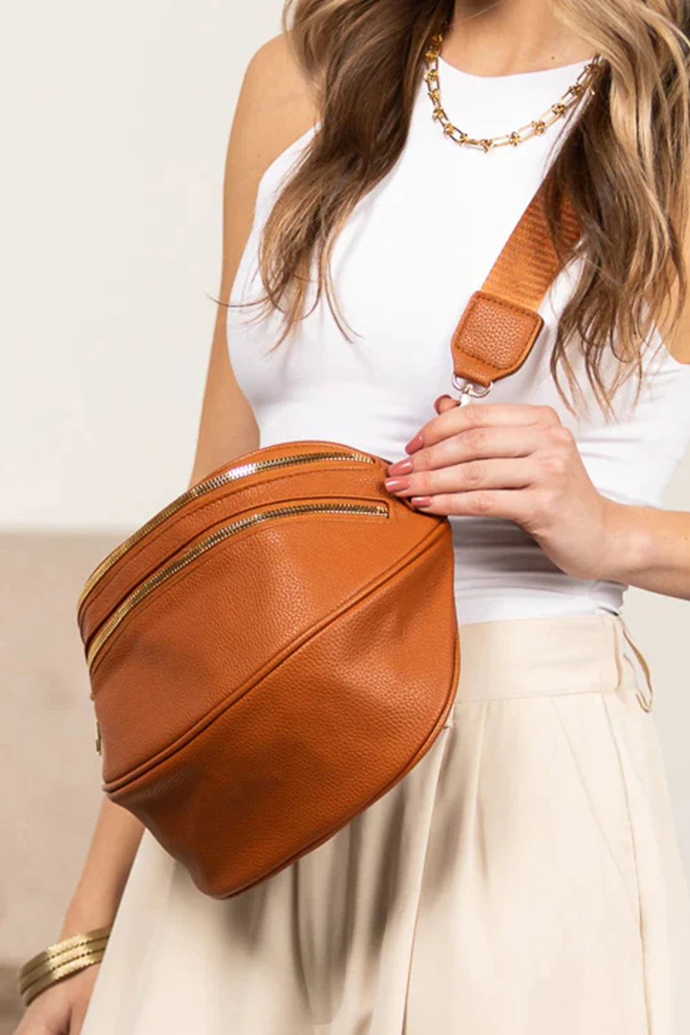 White Double Zip Faux Leather Crossbody Bag
