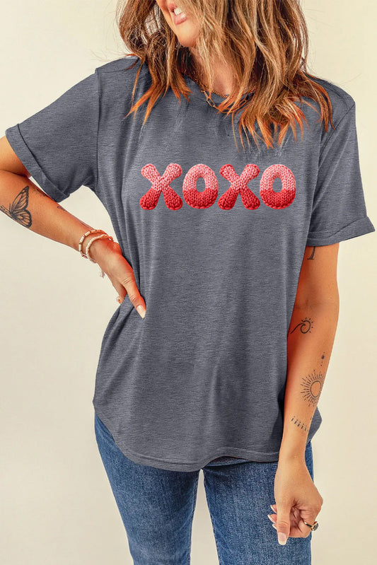 Valentine’s Day XOXO Knit Letter Graphic Tee（Not Embroidery）