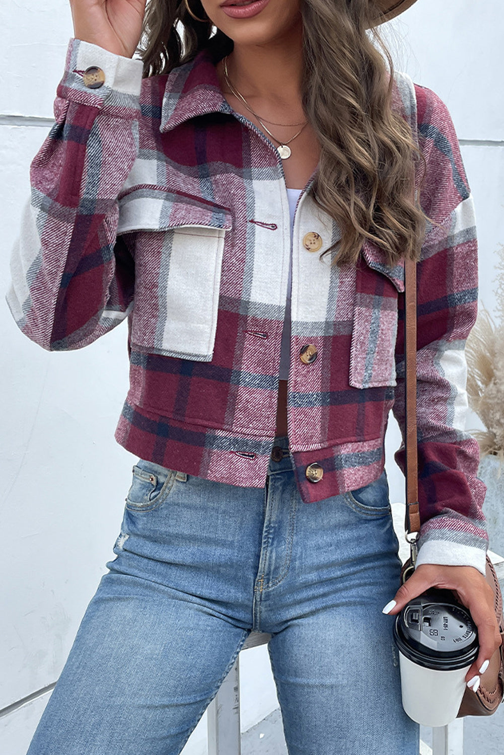 Sleeve Buttoned Cardigan Plaid Jacket With Pockets