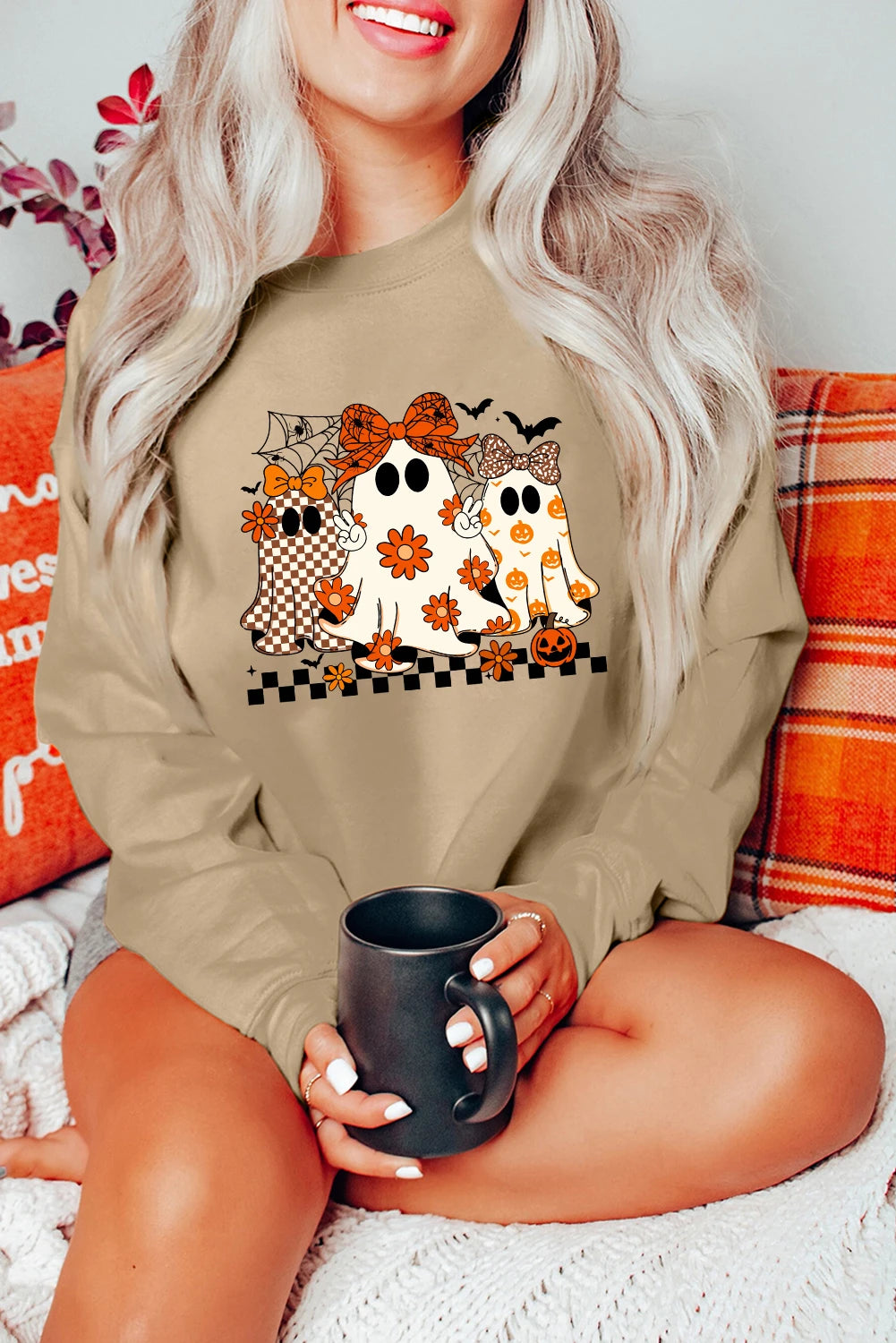 Khaki Cute Halloween Ghost Printed Drop Shoulder Baggy Sweatshirt