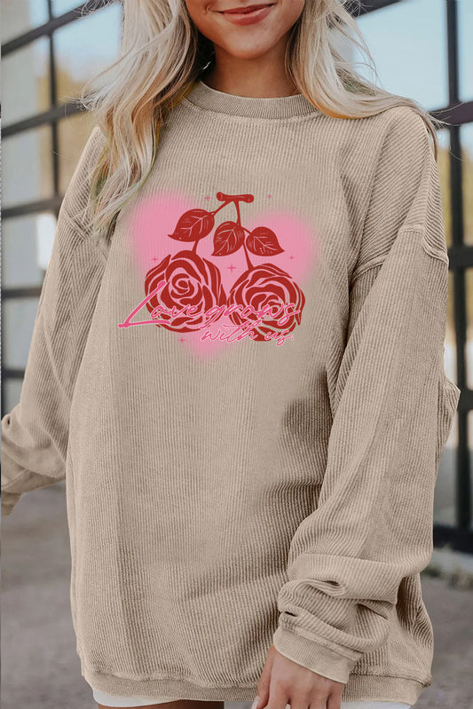 Valentine Rose Heart Corduroy Ribbed Oversized Sweatshirt