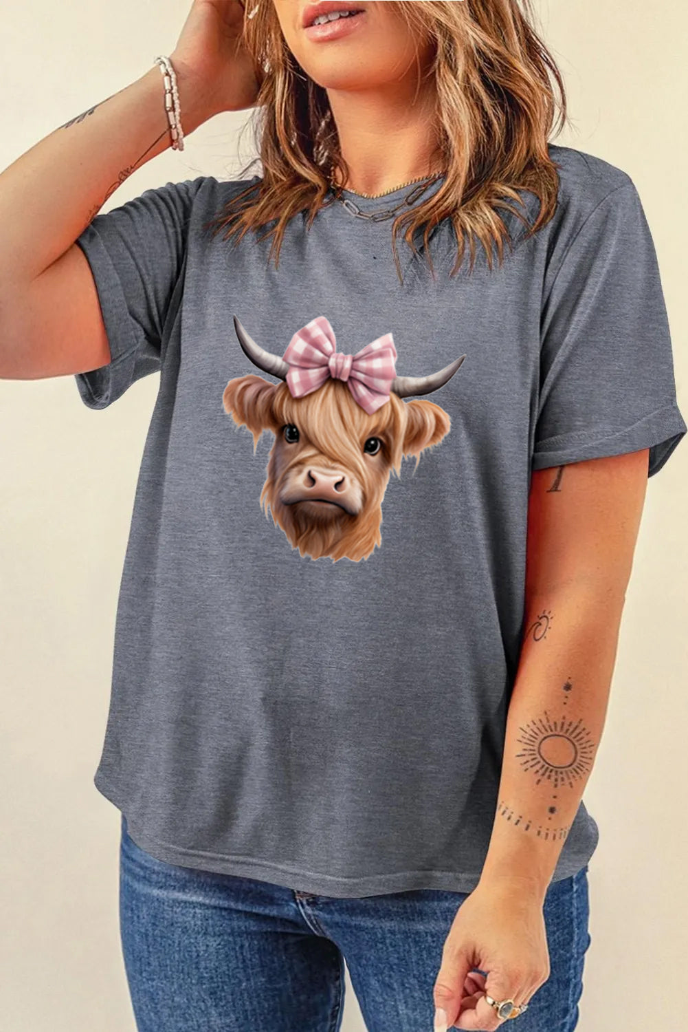 Western Bow Highland Cow Graphic Tee for Women