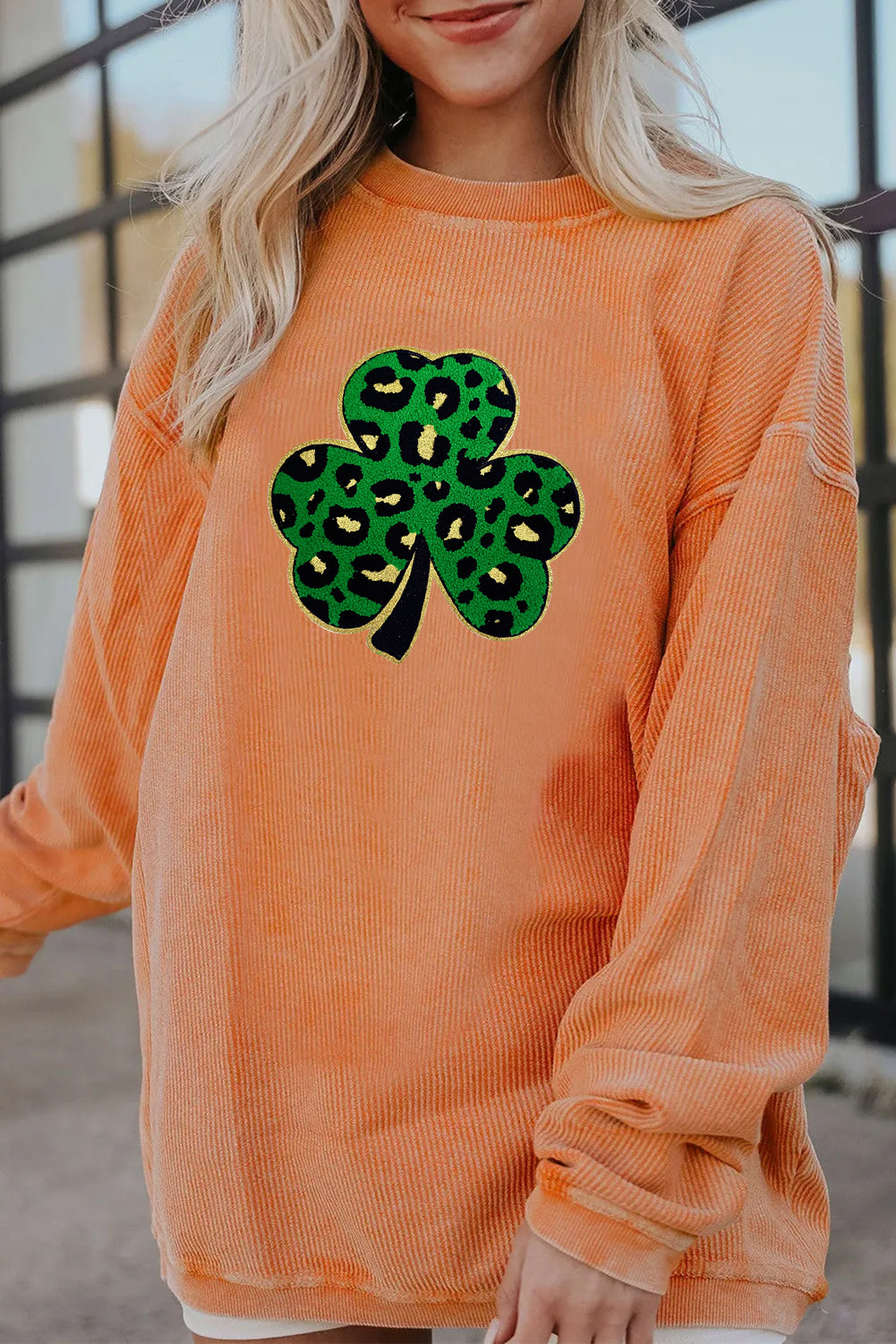 Saint Patrick’s Day Leopard Shamrock Corded Sweatshirt