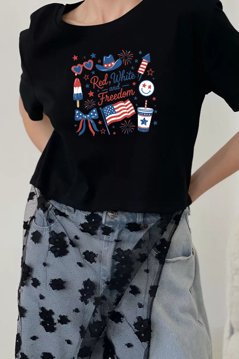Patriotic Graphic Tee Lace Patchwork Freedom Top