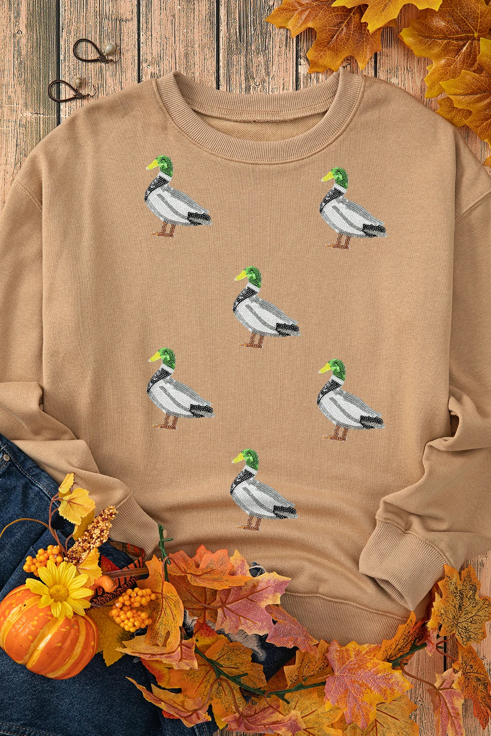 Khaki Sequin Mallard Duck Graphic Baggy Sweatshirt