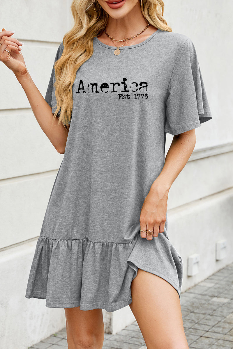 America Graphic Cotton Dress Casual Ruffle Holiday