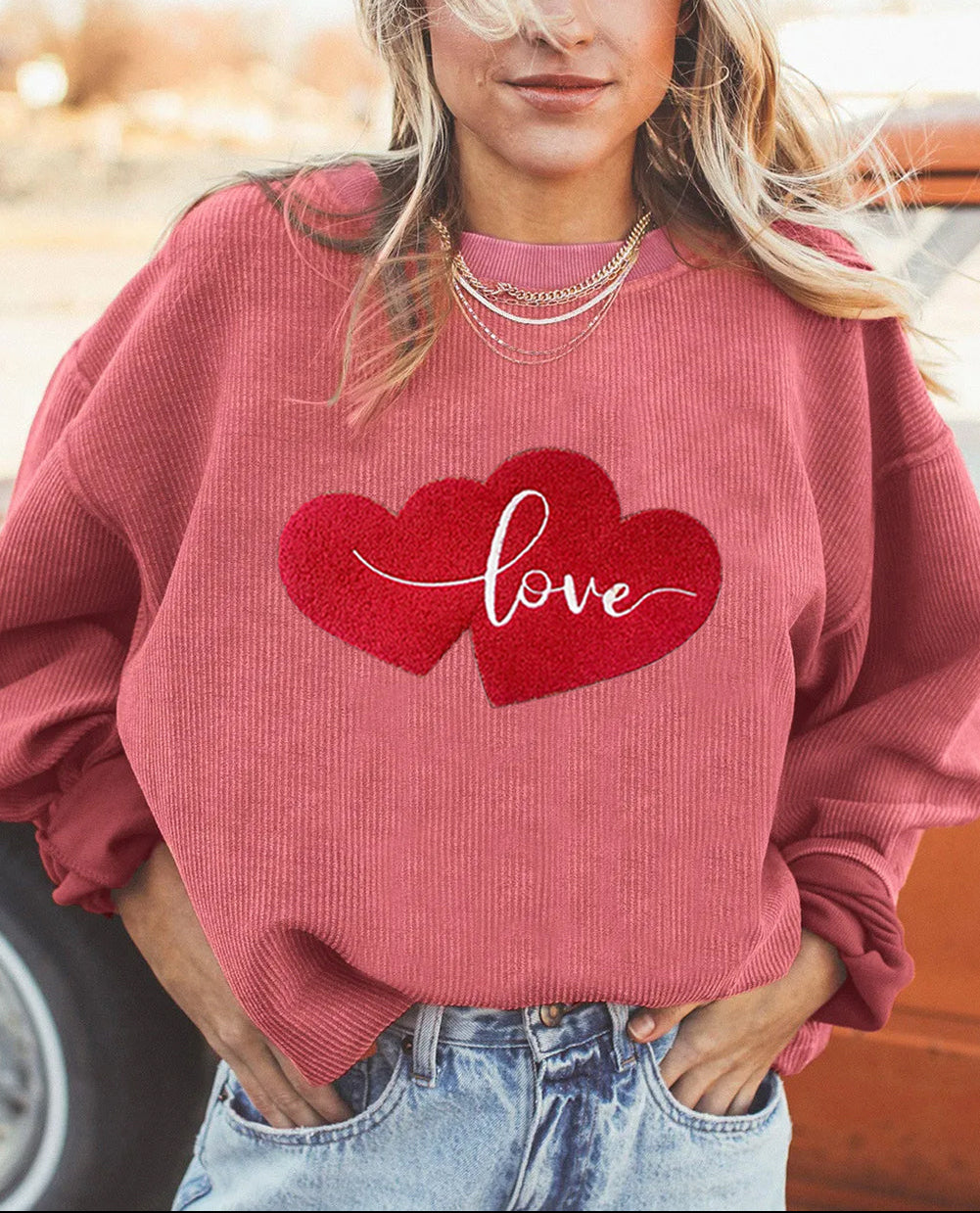 Valentine Love Heart Corduroy Ribbed Oversized Sweatshirt