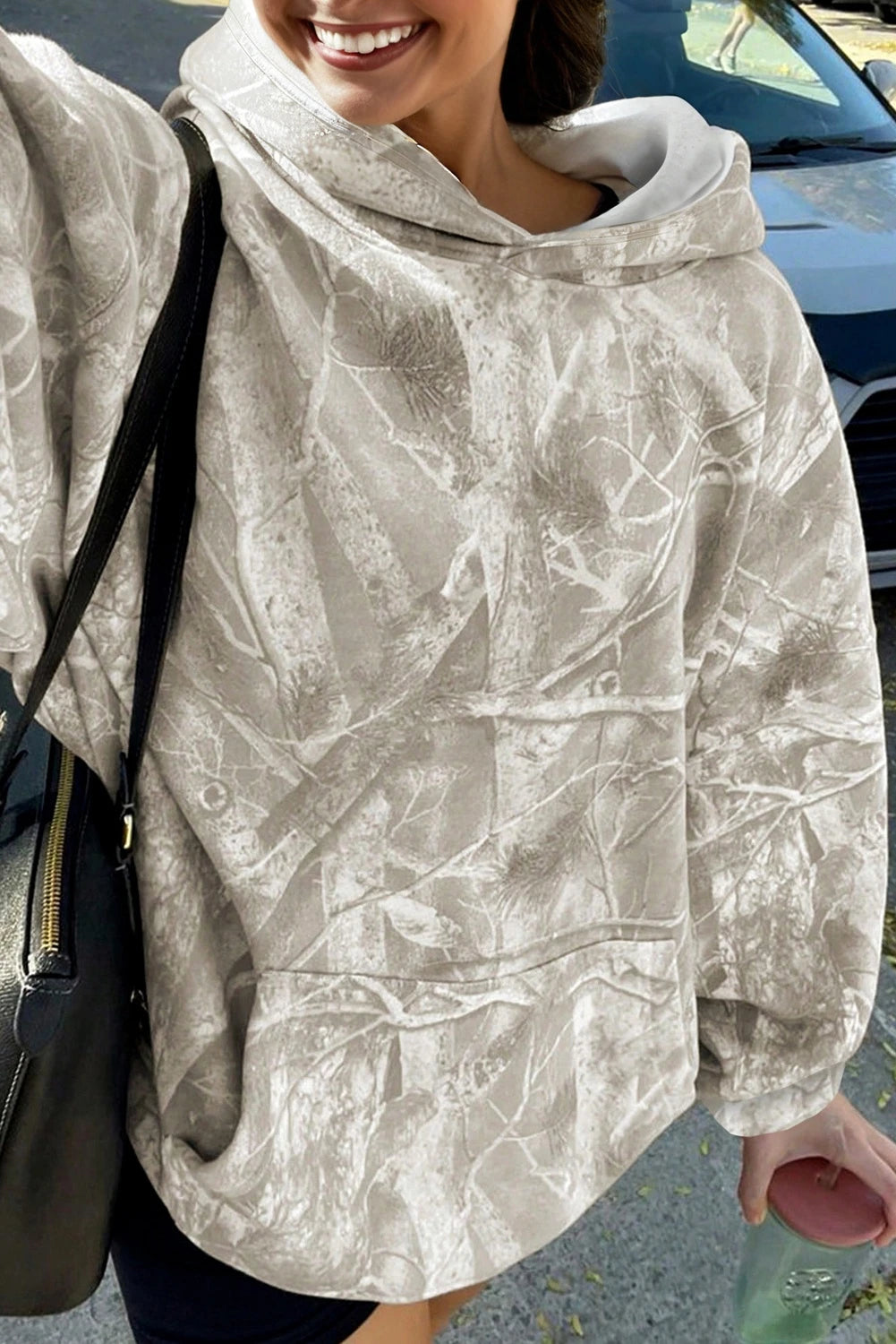 Gray Camouflage Woodland Print Oversized Sporty Hoodie