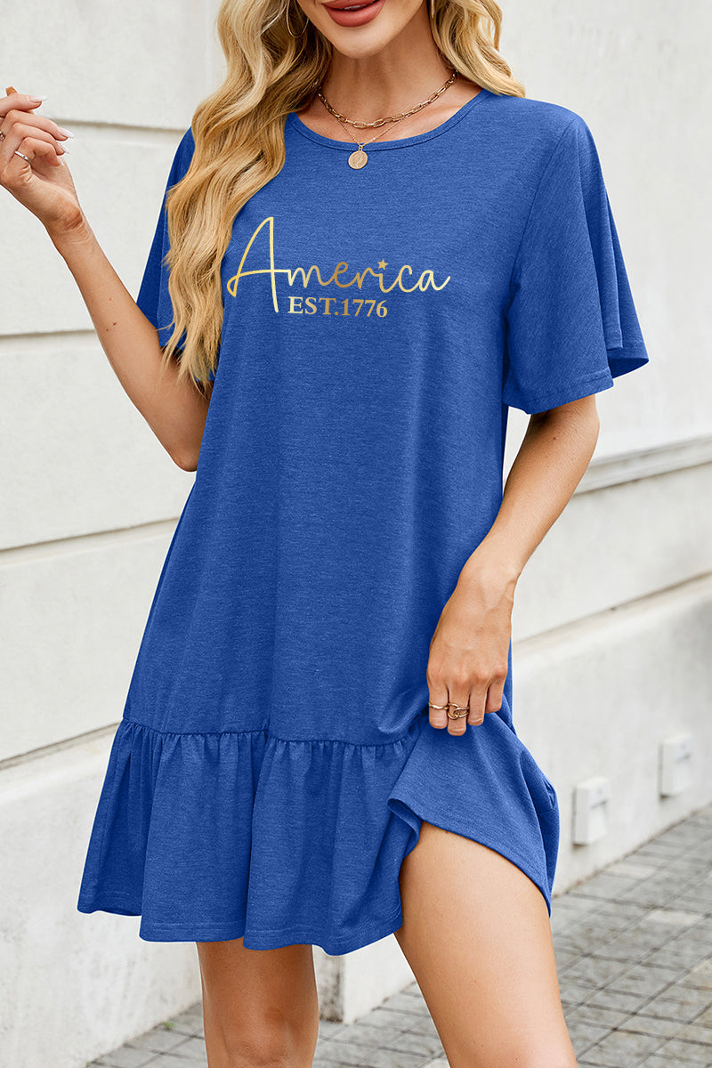 America Letter Cotton Dress Casual Ruffle Trendy