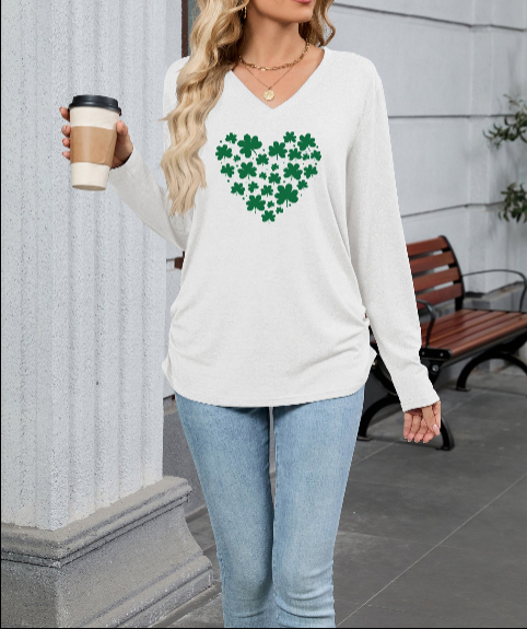 Saint Patrick’s Day Shamrock Heart Print V Neck Top