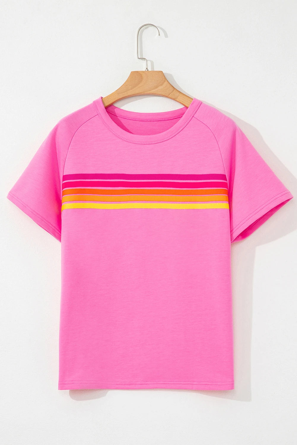 Solid Color Striped Patch Front Casual Tee