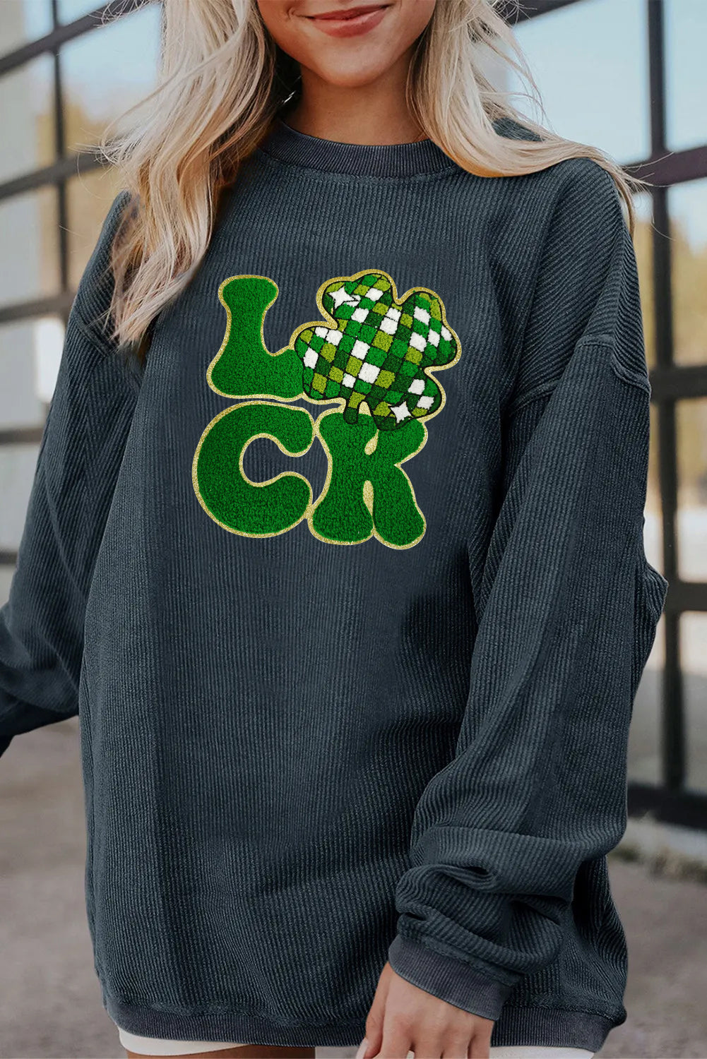 Saint Patrick’s Day LUCK Clover Graphic Corded Sweatshirt