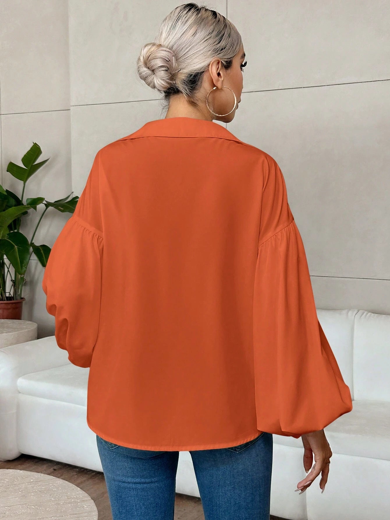 French Polka Dot Half-Open Collar Puff Sleeve Top