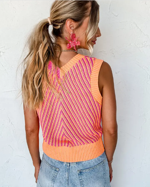 Light Pink Contrast Chevron Knit V Neck Sweater Vest