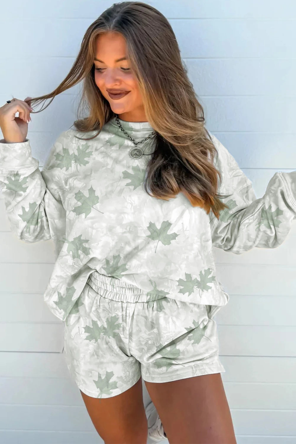 Beige Camo Print Pullover Top and Elastic Waist Casual Short Set