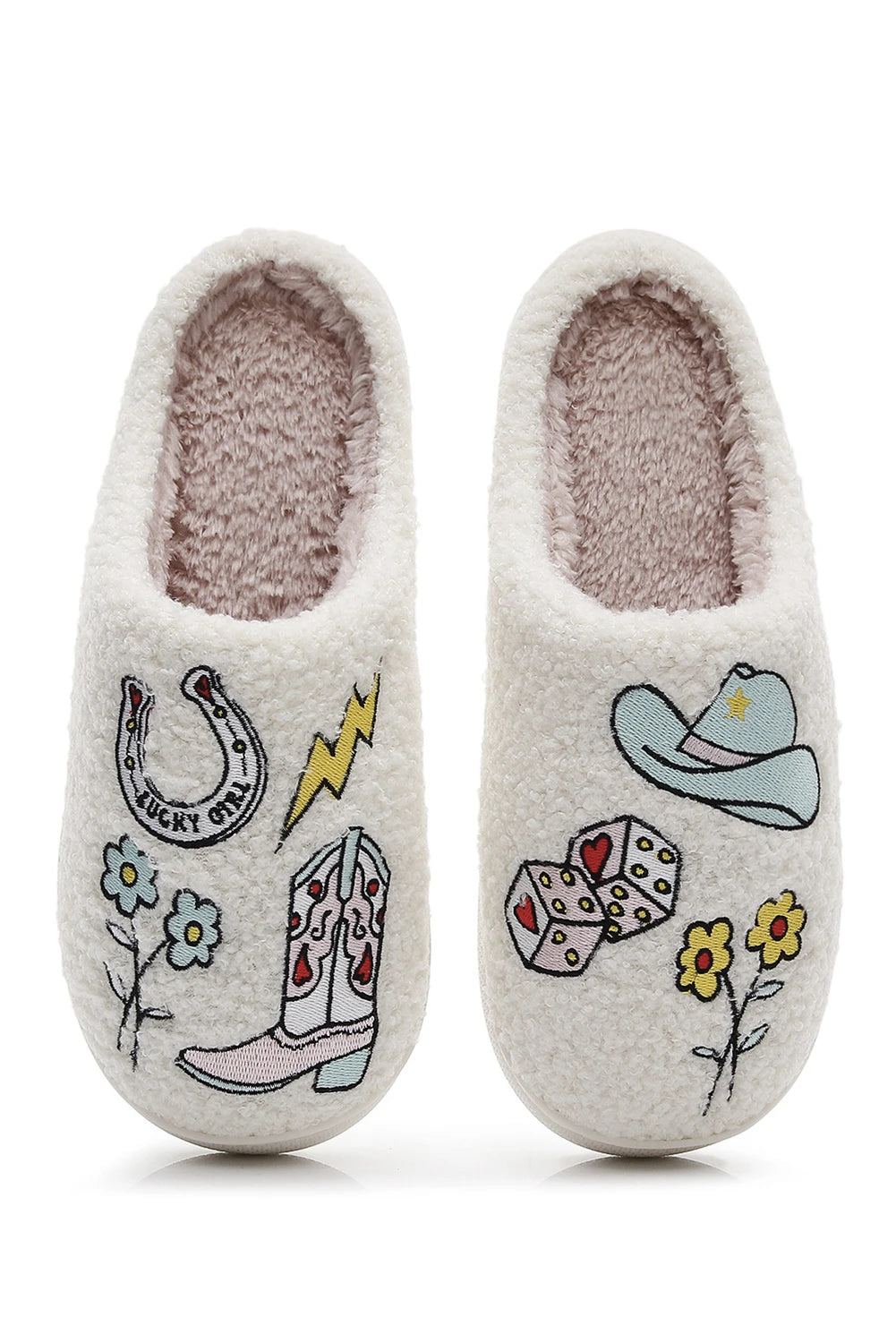White Asymmetric Embroidered Pattern Cowgirl Plush House Slippers