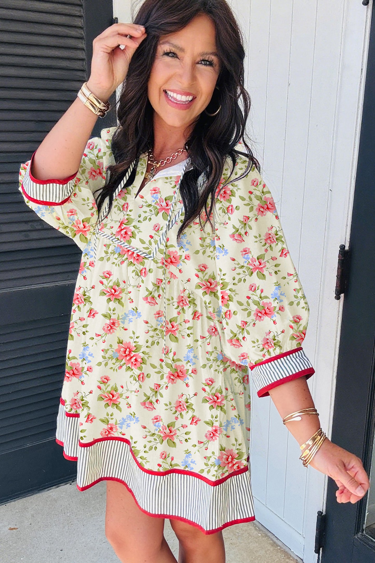 Apricot Striped Edge 3/4 Puff Sleeve Floral Dress