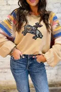 Light French Beige Sequined Rodeo Graphic Aztec Bubble Sleeve Patchwork Western Sweatshirt