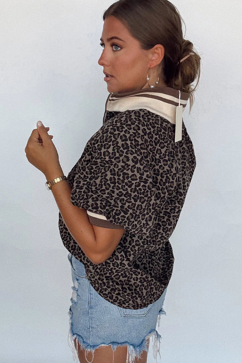 Brown Leopard Print Half Zip Striped Webbing Patchwork Short Sleeve Top