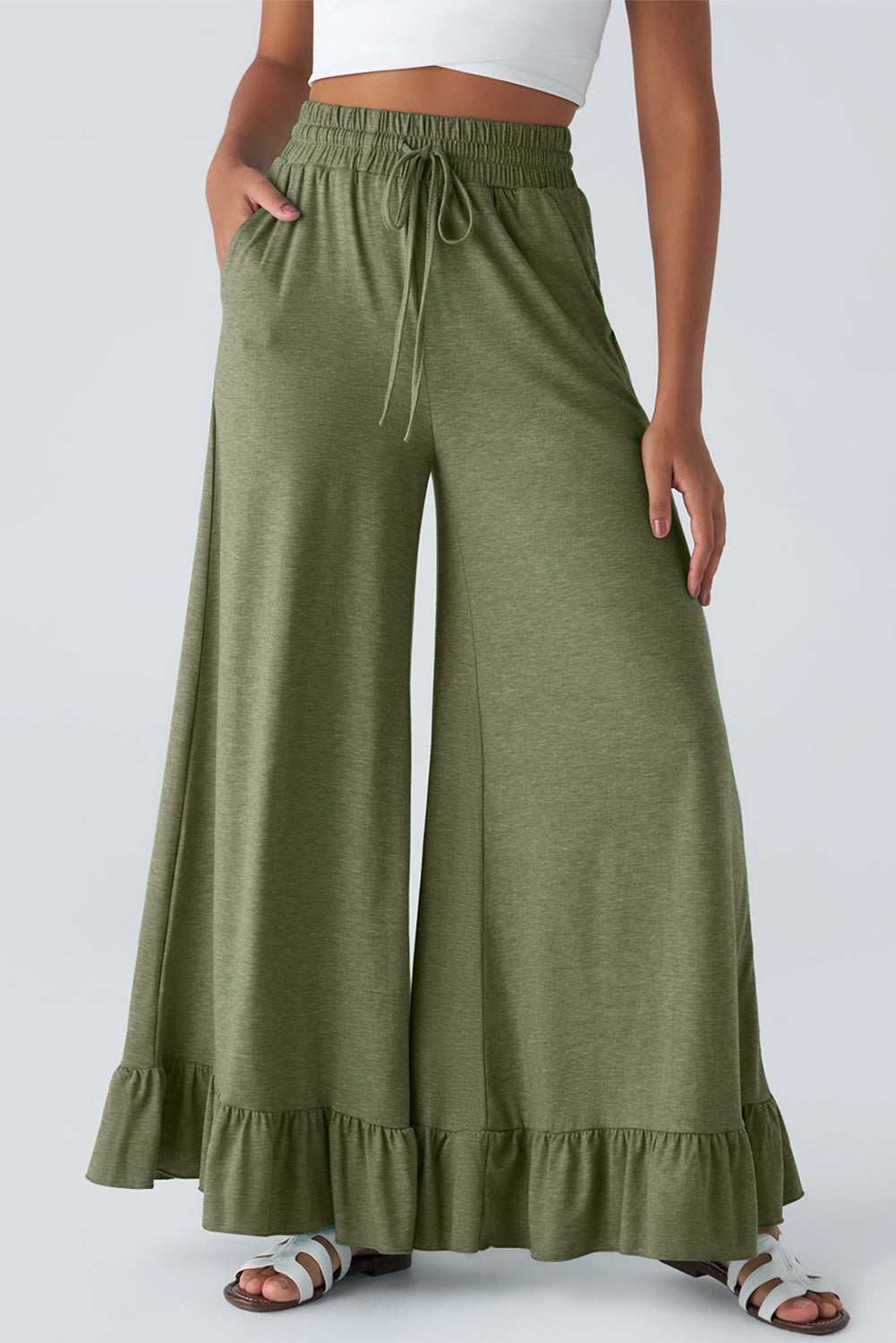 Wide Leg Pull On High Waist Pants with Pockets