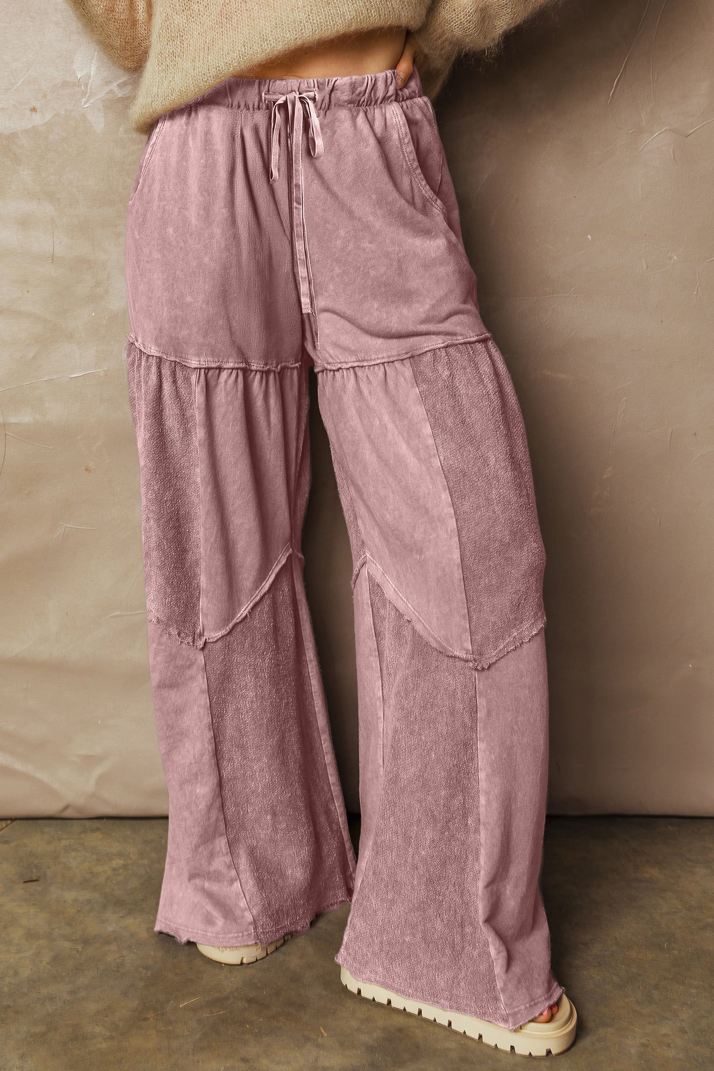 Black Mineral Wash Tiered Wide Leg Patchwork Drawstring Pants