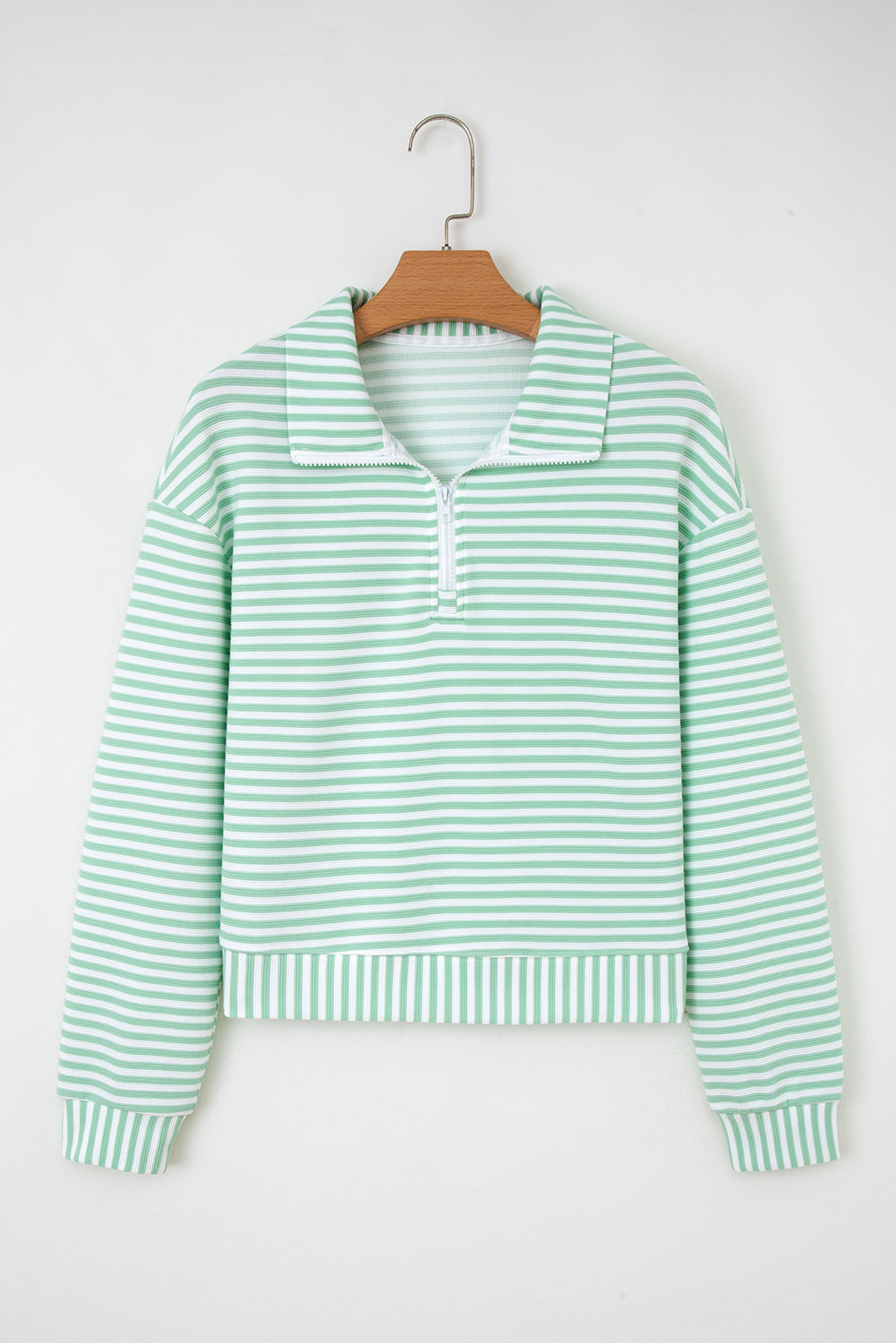 Blue Stripe Quarter Zip Collar Pullover Long Sleeve Top