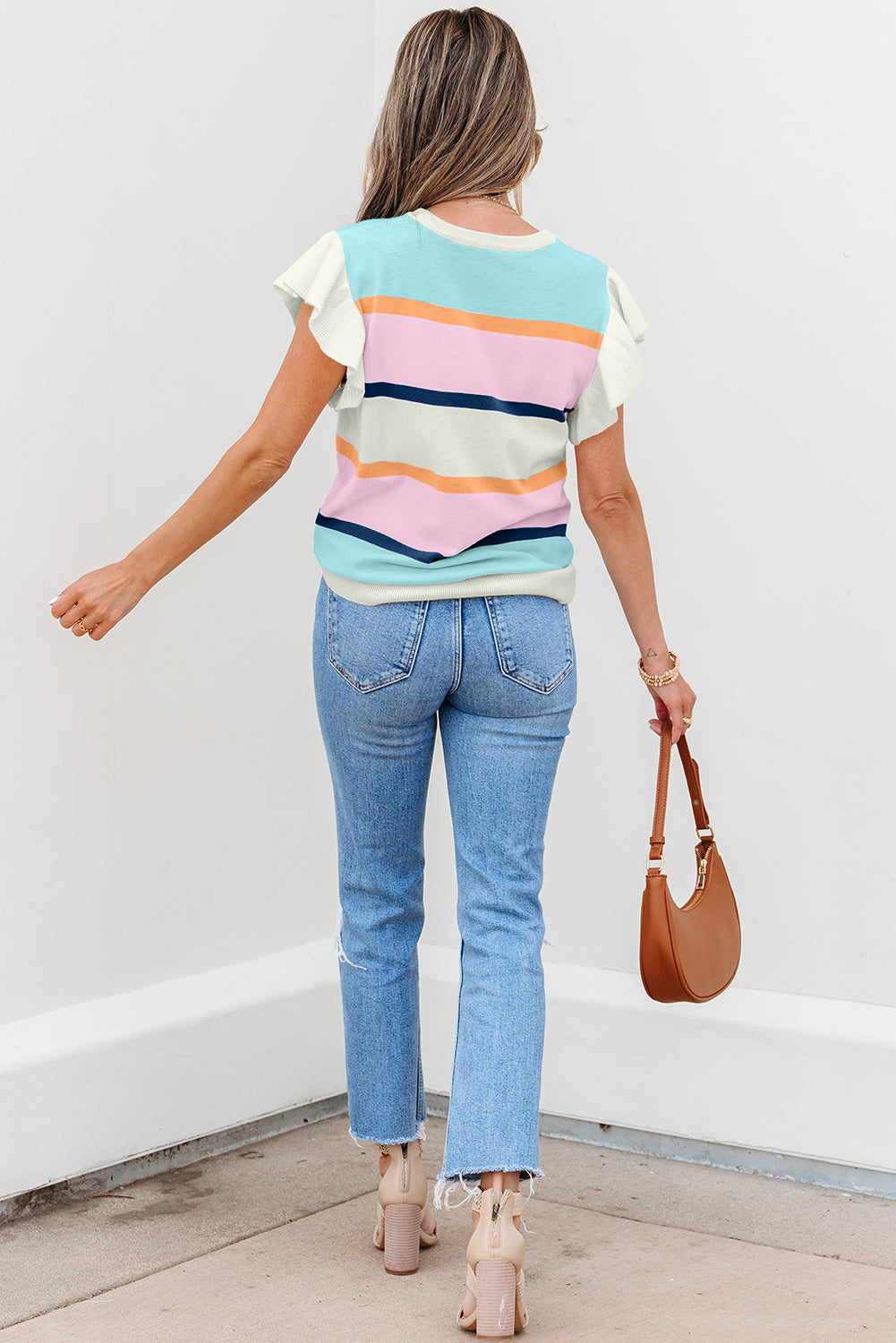 Multicolour Striped Color Block Flutter Sleeve Patchwork Sweater Top