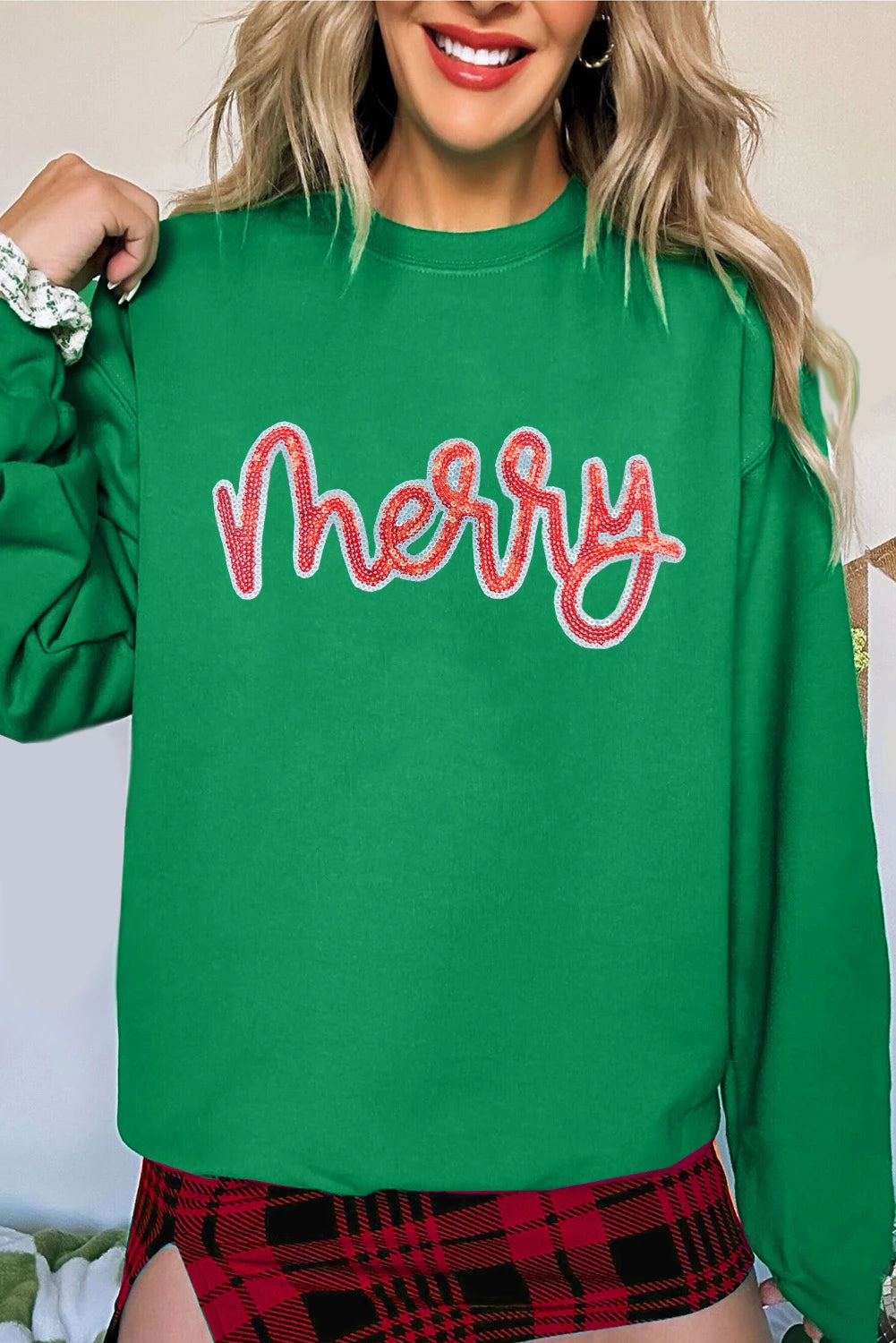 Dark Green merry Sequin Letter Patched Drop Shoulder Baggy Sweatshirt