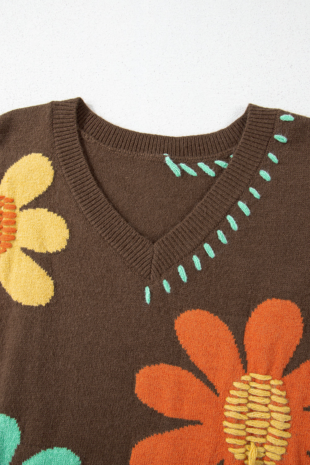 Big Flower Pattern V Neck Drop Shoulder Sweater