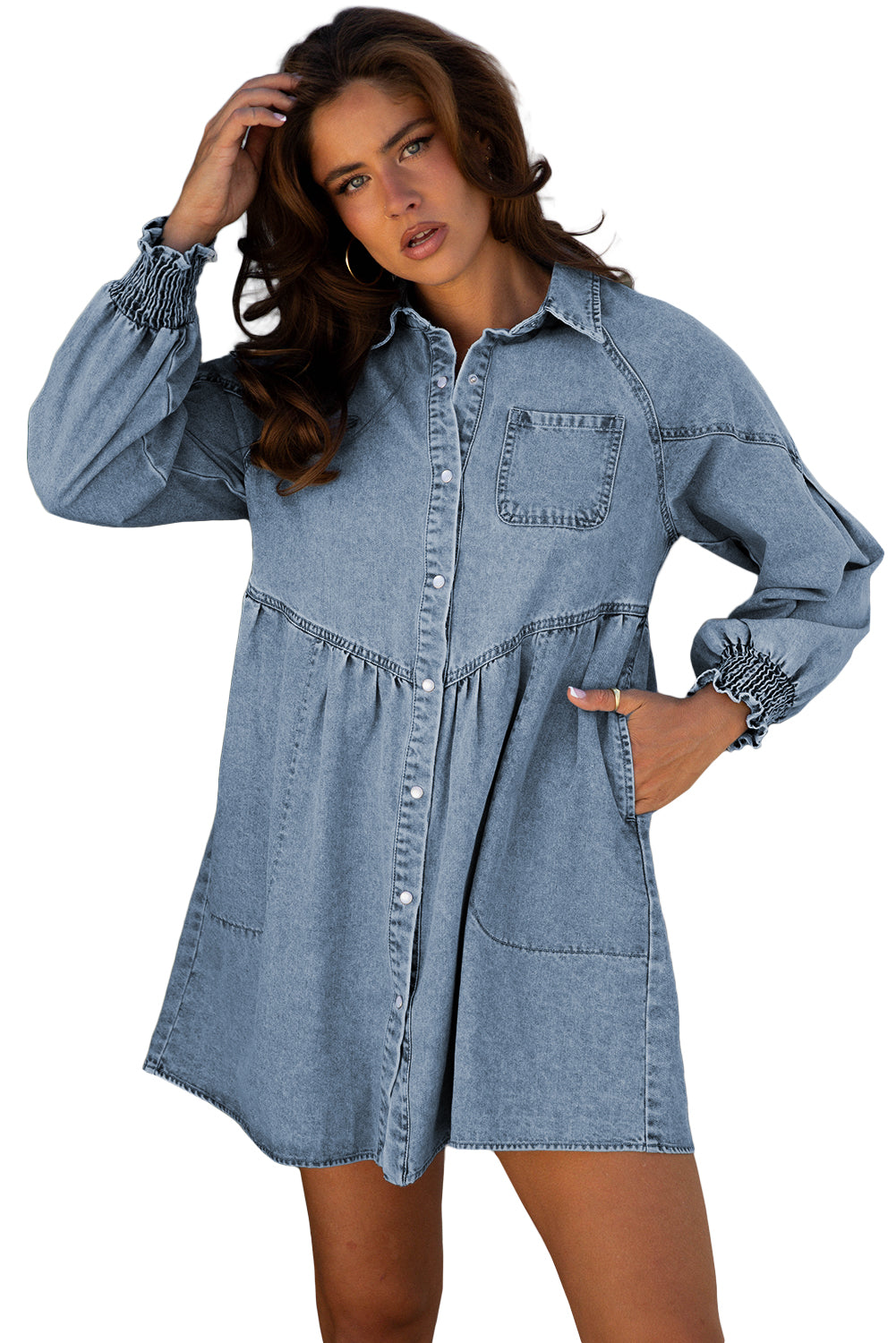 Beau Blue Smocked Cuffs Flared Denim Shirt Mini Dress